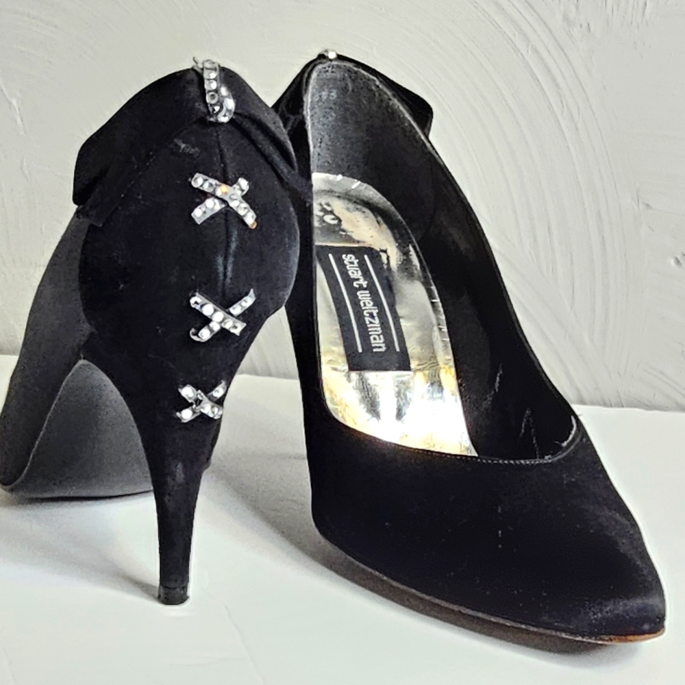 Stuart Weitzman Black Heels with Rhinestone and Bow Detail Pin-up